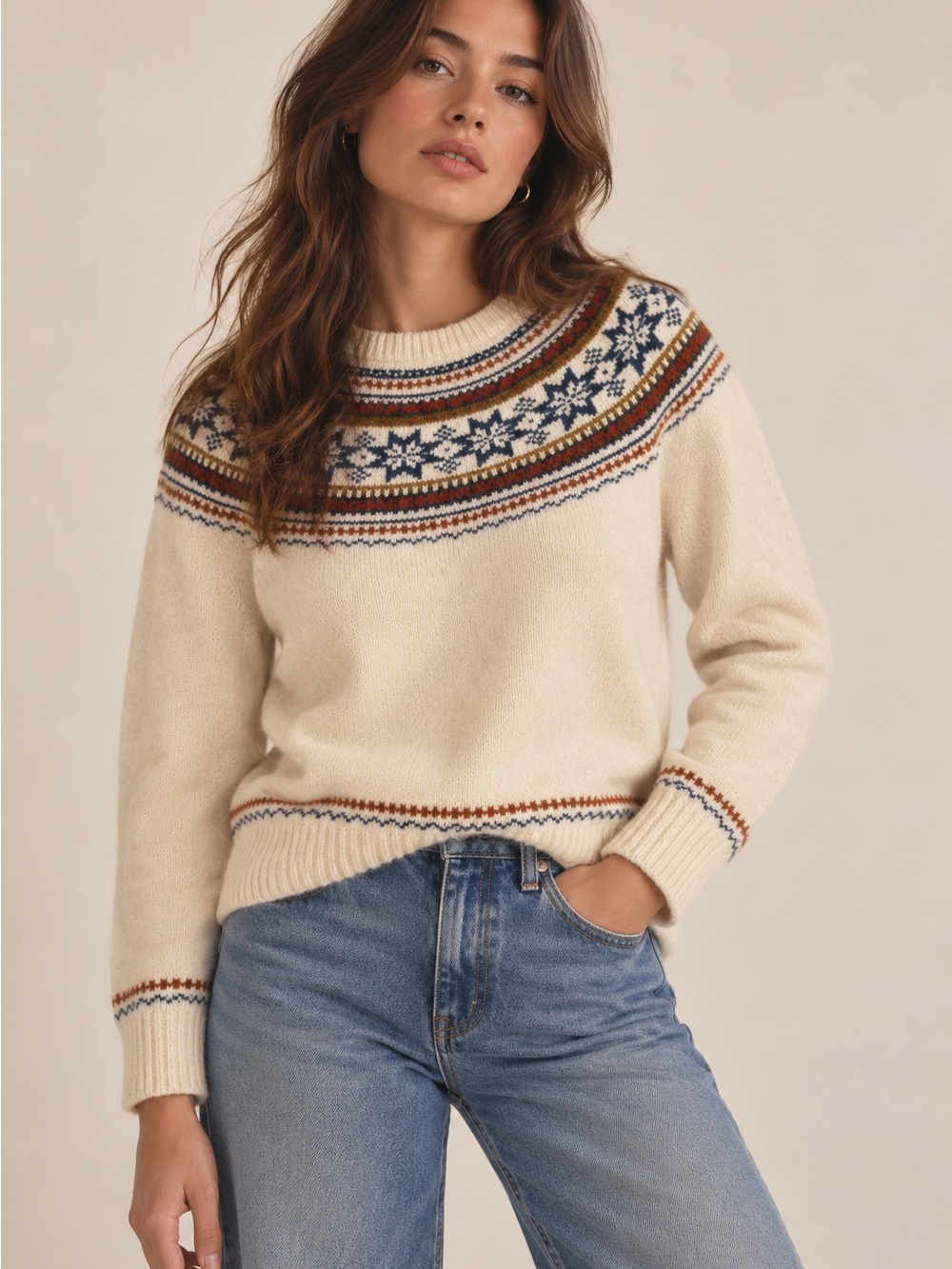 J. Crew Lambswool Fair Isle Nordic Cream & Blue Patterned Crewneck Sweater Sz S